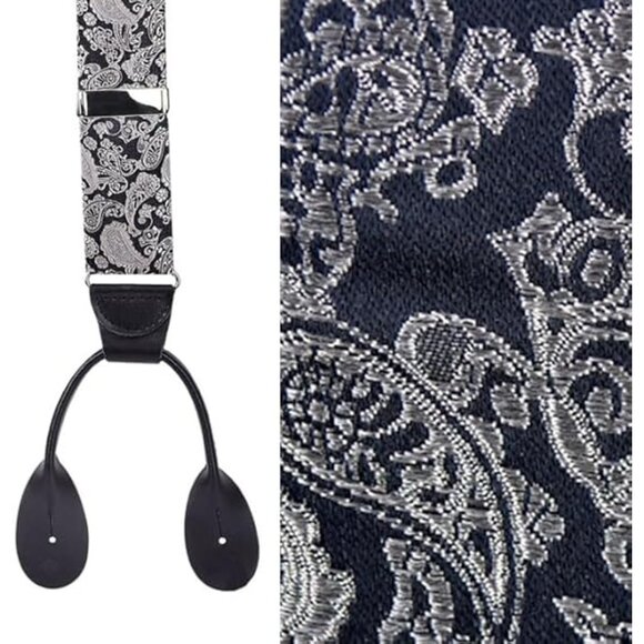 HOLD'EM 100% Silk Suspenders For Men Y-Back Button End – Black/Silver Paisley - Picture 2 of 7